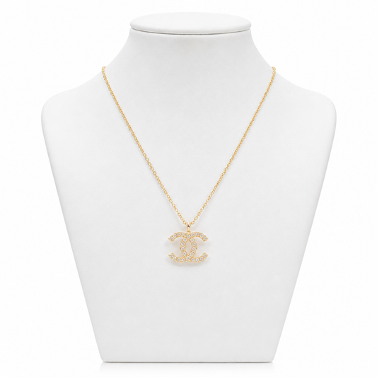 Gold Crystal CC Logo Pendant Necklace