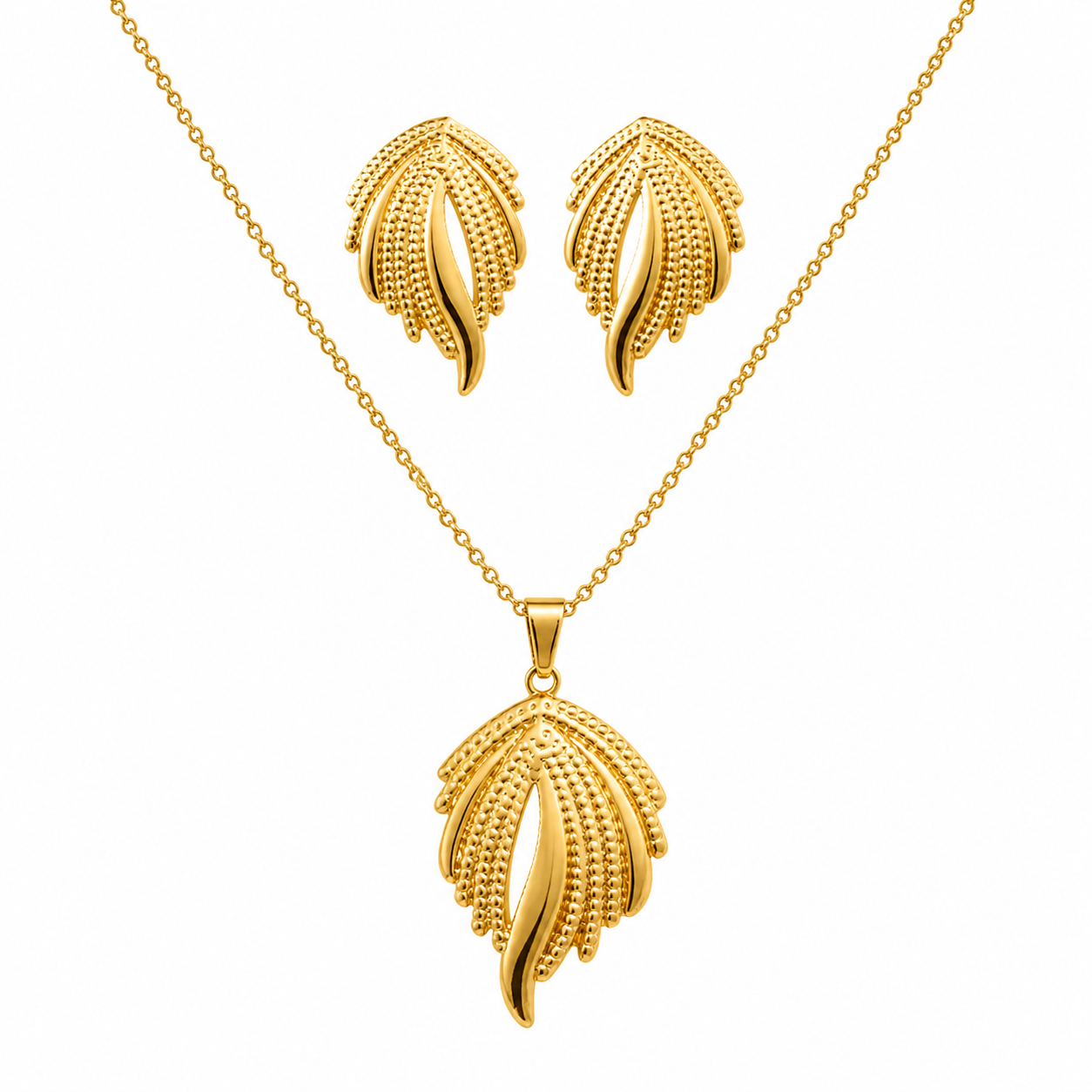 Gold Textured Leaf Pendant Necklace & Earring Set