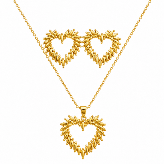 Gold Spiked Open Heart Necklace & Earring Set