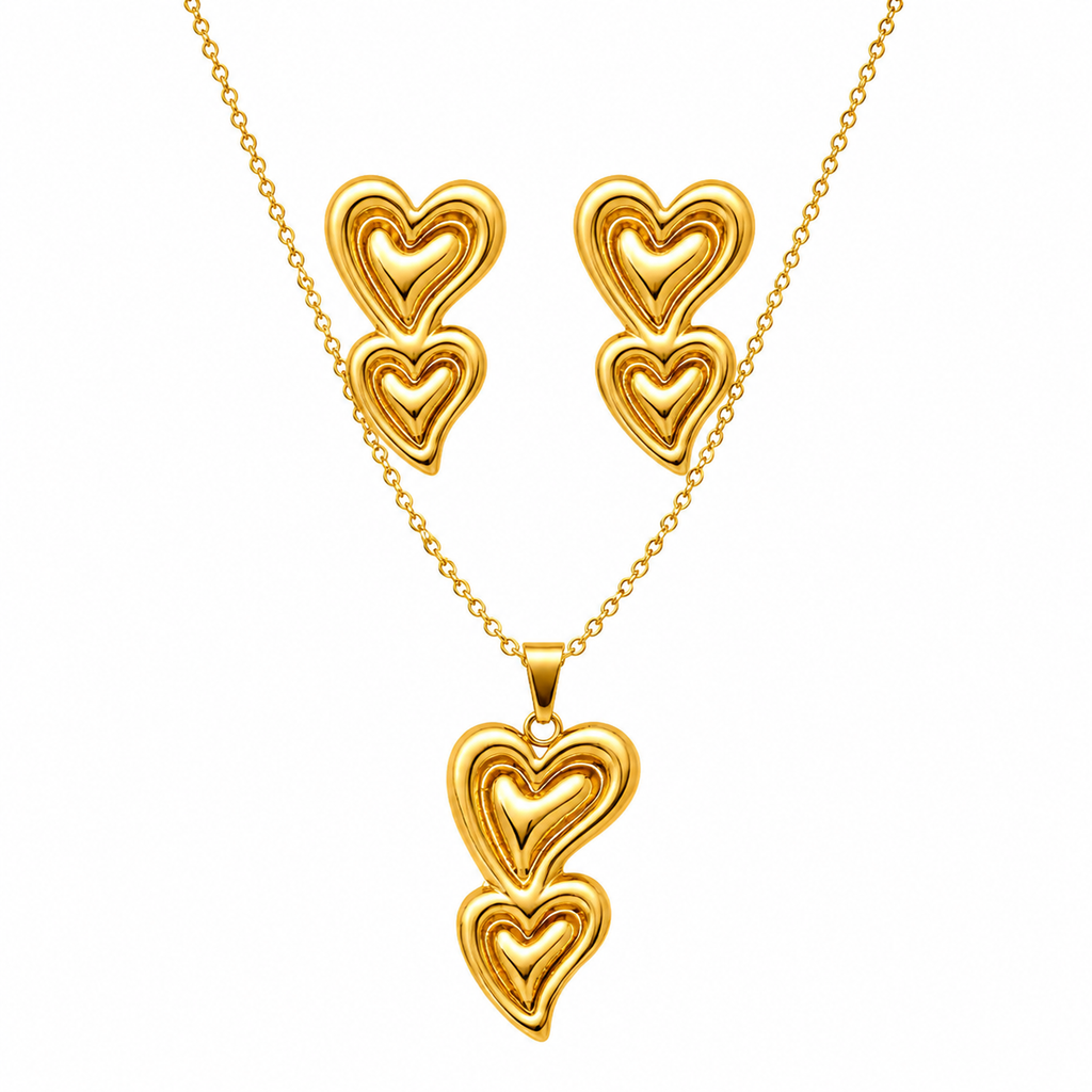Gold Double Layered Heart Necklace & Earring Set