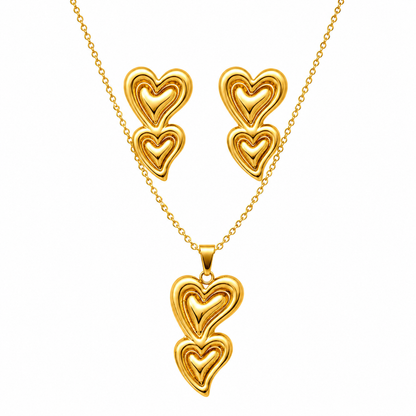 Gold Double Layered Heart Necklace & Earring Set
