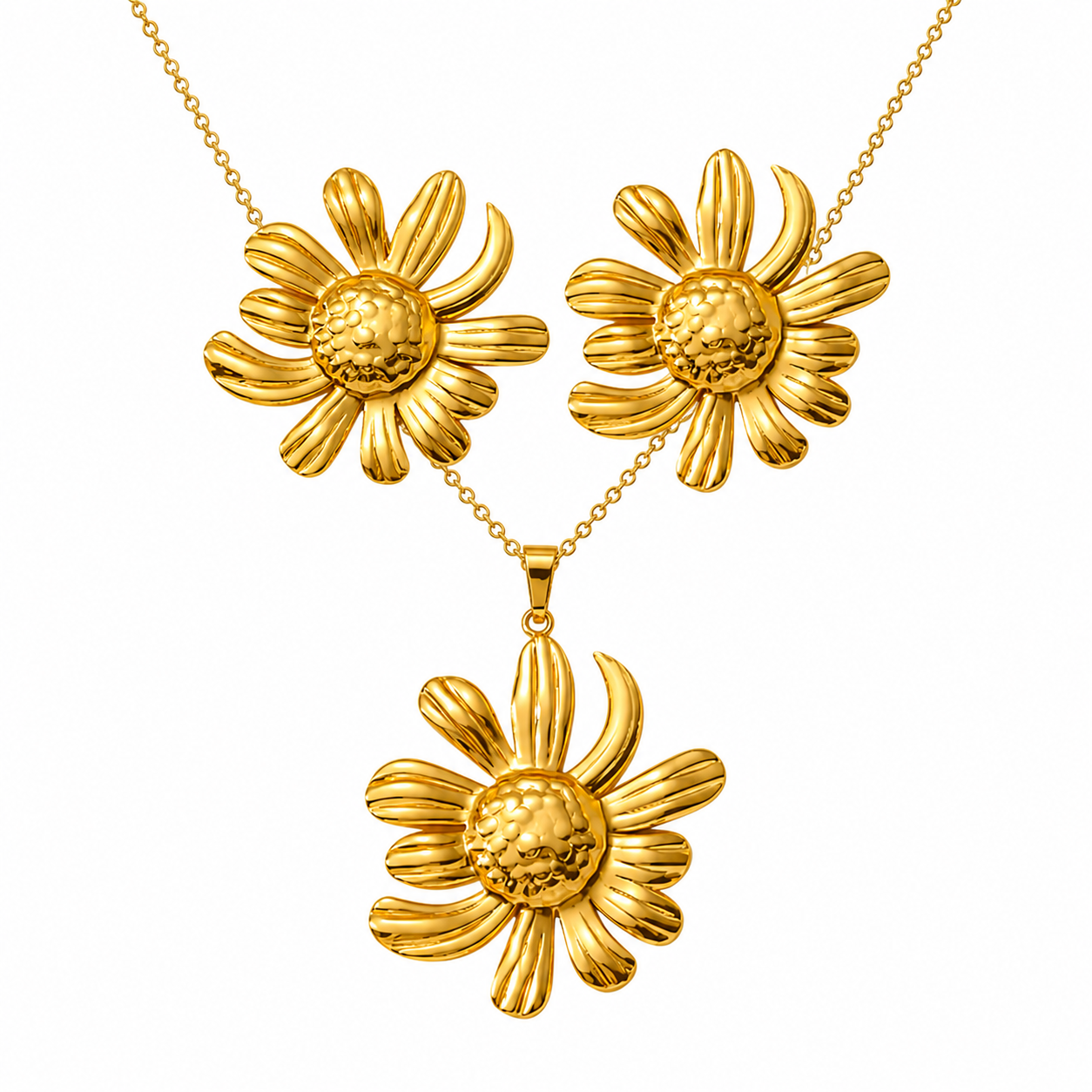 Gold Sunflower Pendant Necklace & Earring Set