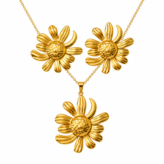 Gold Sunflower Pendant Necklace & Earring Set