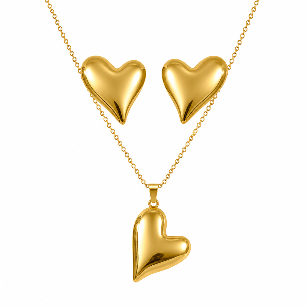 Gold Puffy Heart Necklace & Earring Set