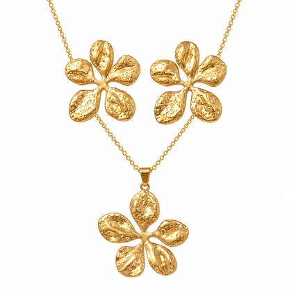 Gold Hammered Five-Petal Flower Necklace & Earring Set