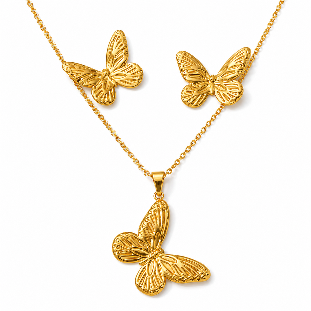 Gold Ridged Butterfly Necklace & Earring Set