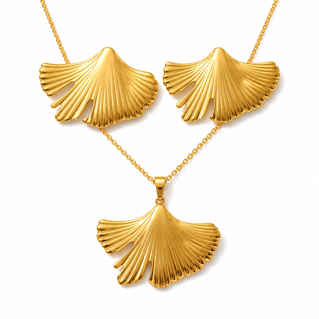Gold Ridged Ginkgo Leaf Necklace & Earring Set