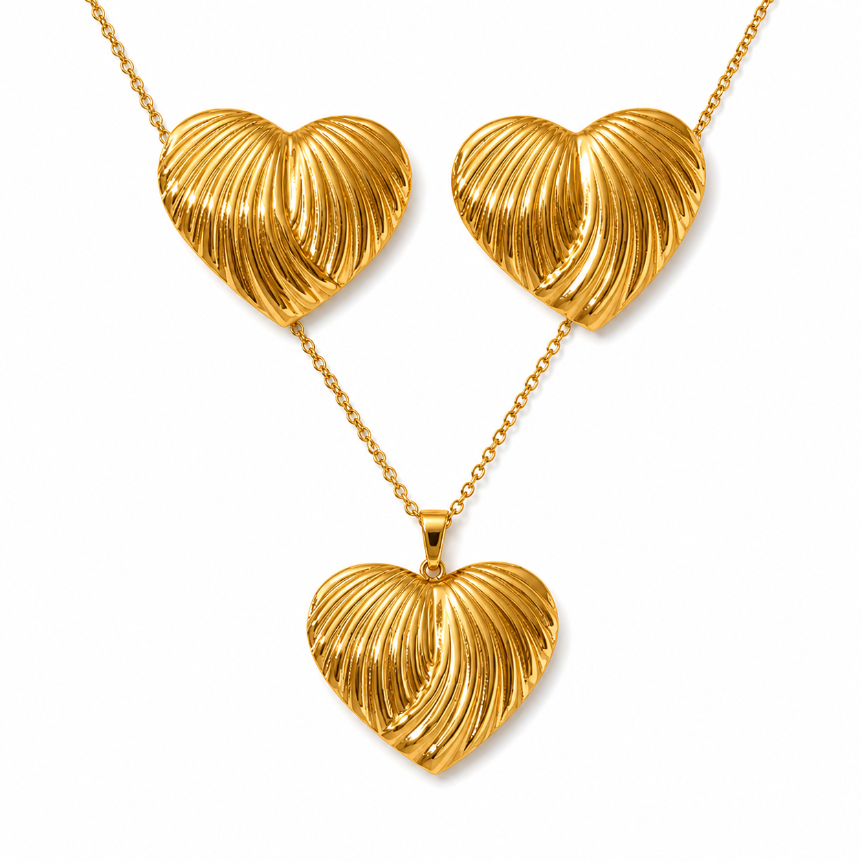 Gold Ridged Diagonal Heart Necklace & Earring Set