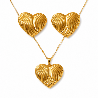 Gold Ridged Diagonal Heart Necklace & Earring Set