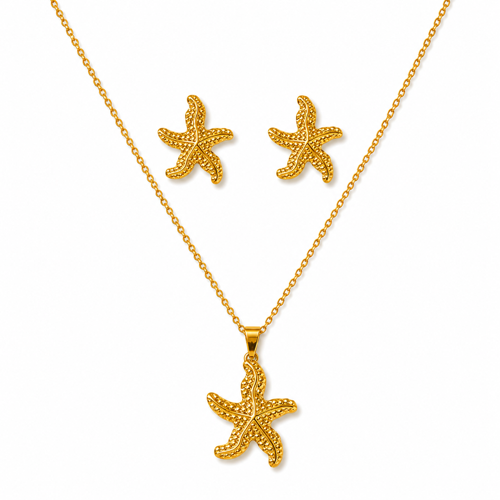 Gold Beaded Starfish Necklace & Earring Set