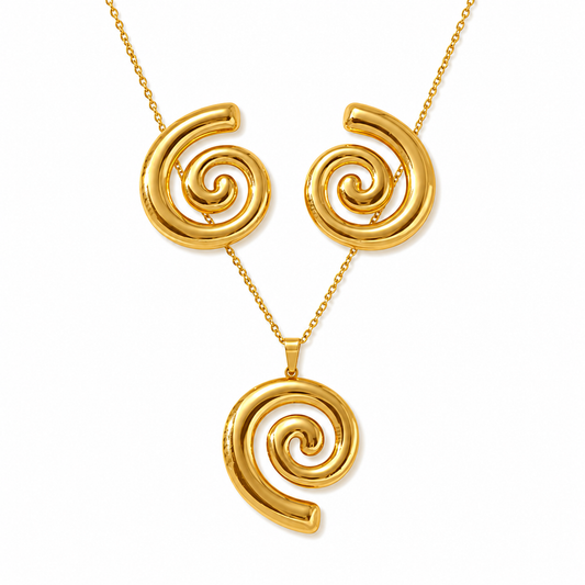 Gold Puffy Spiral Swirl Necklace & Earring Set