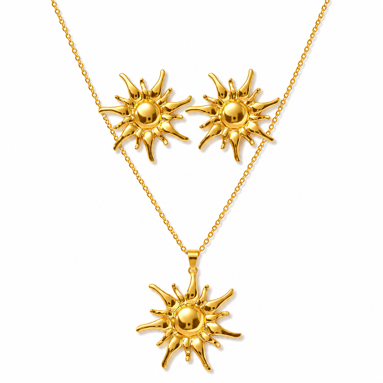 Gold Puffy Flame Sun Necklace & Earring Set