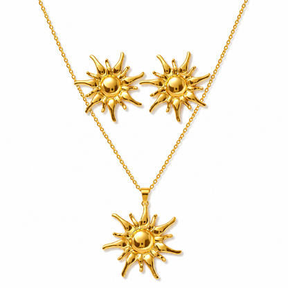 Gold Puffy Flame Sun Necklace & Earring Set