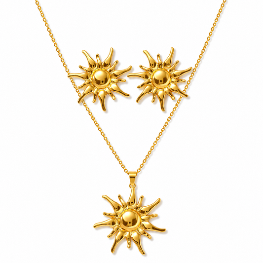 Gold Puffy Flame Sun Necklace & Earring Set