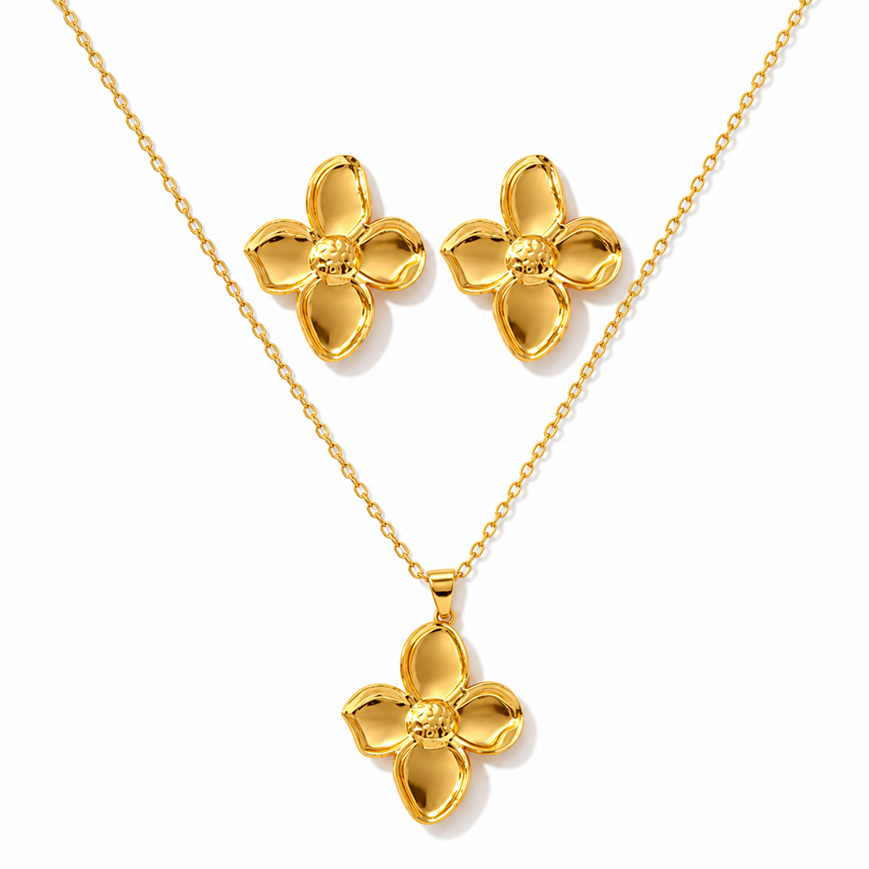 Gold Puffy Four-Petal Flower Necklace & Earring Set
