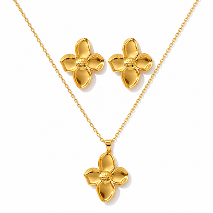 Gold Puffy Four-Petal Flower Necklace & Earring Set