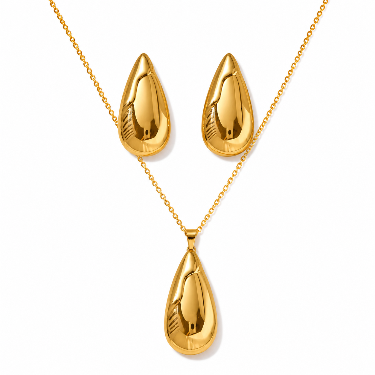 Gold Puffy Teardrop Necklace & Earring Set