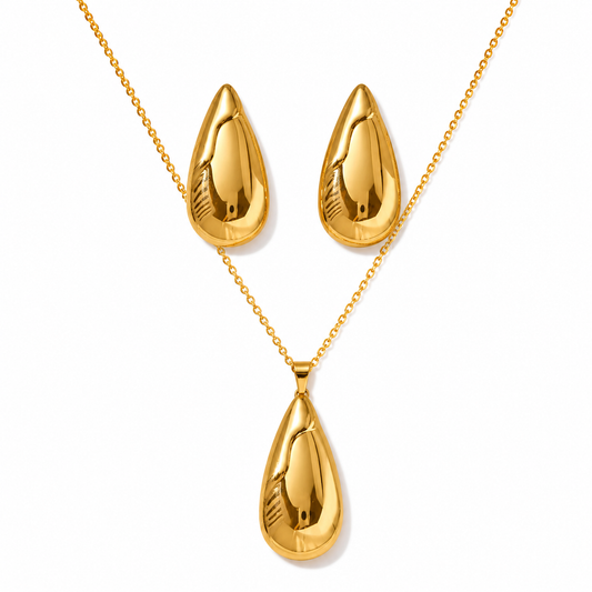 Gold Puffy Teardrop Necklace & Earring Set