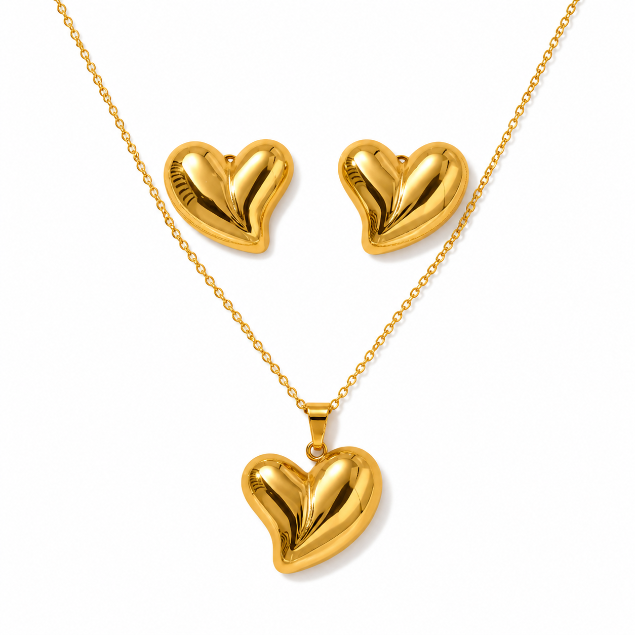Gold Puffy Heart Necklace & Earring Set2