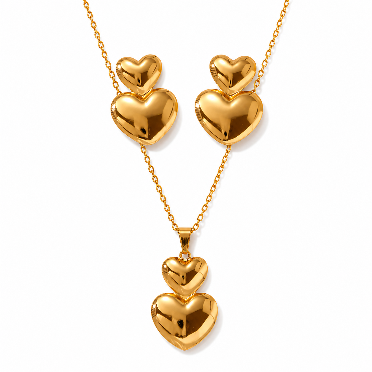 Gold Double Puffy Heart Necklace & Earring Set