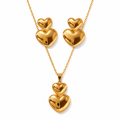 Gold Double Puffy Heart Necklace & Earring Set