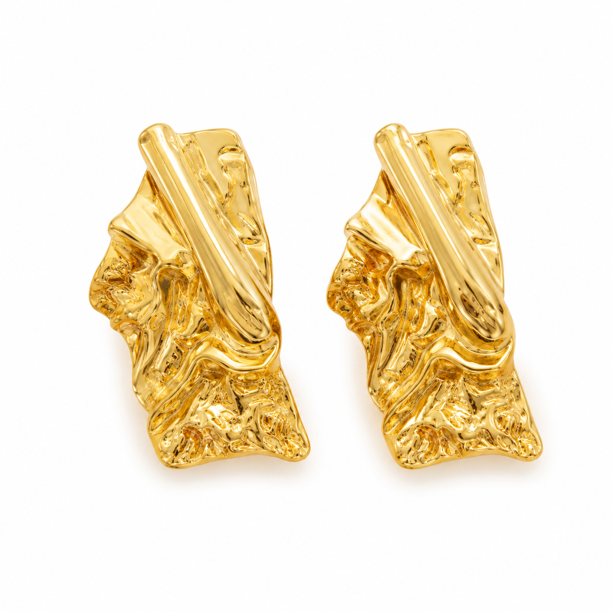 Gold Crumpled Rectangle Statement Earrings