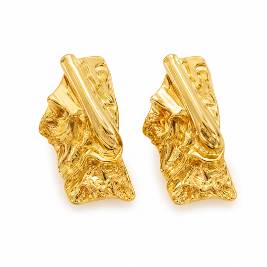 Gold Crumpled Rectangle Statement Earrings