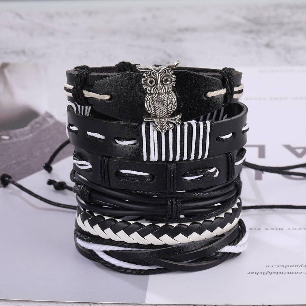 Black & White Owl Leather Bracelet Set