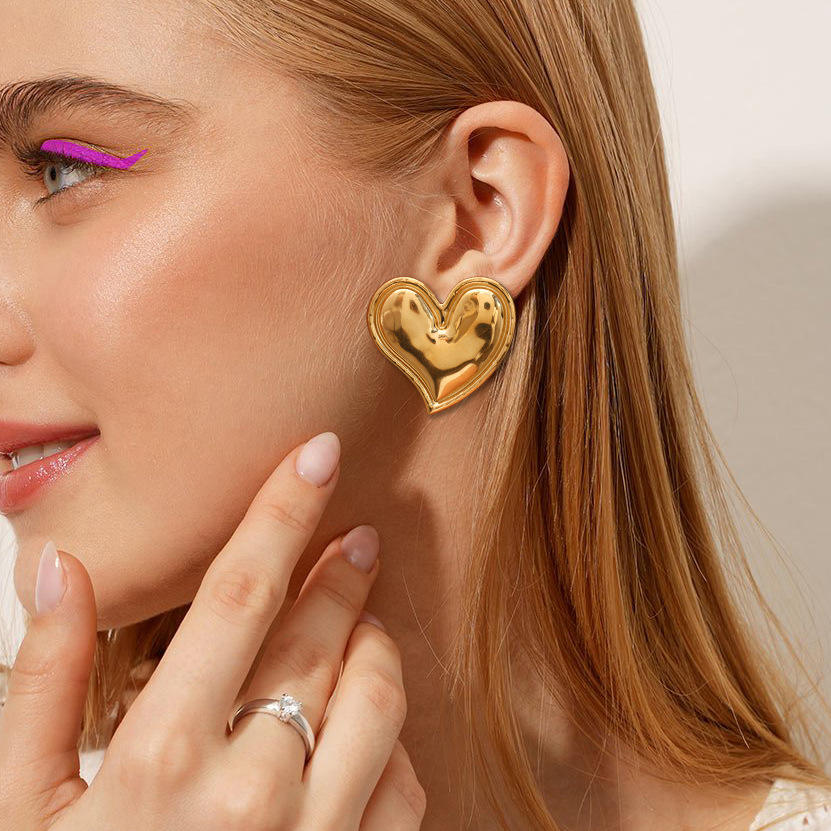 Gold Puffy Mirror Heart Stud Earrings