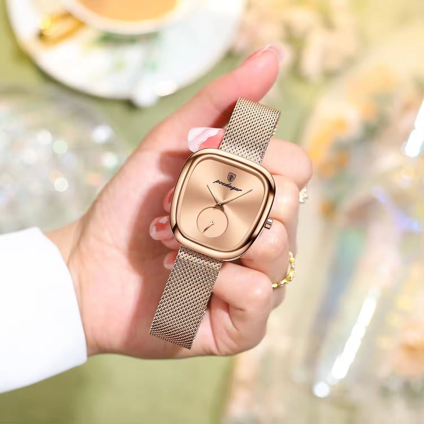Poedagar Rose Gold Cushion Mesh Watch – Women's Luxury Minimalist Timepiece