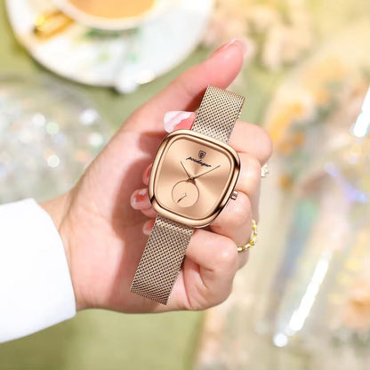 Poedagar Rose Gold Cushion Mesh Watch – Women's Luxury Minimalist Timepiece
