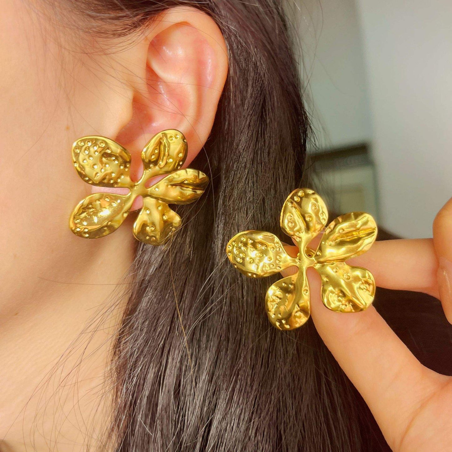 Gold Hammered Open Flower Statement Earrings