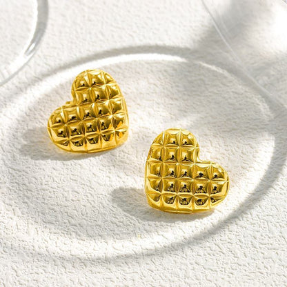 Gold Quilted Heart Stud Earrings