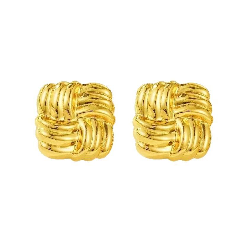 Gold Woven Knot Square Chunk Stud Earrings
