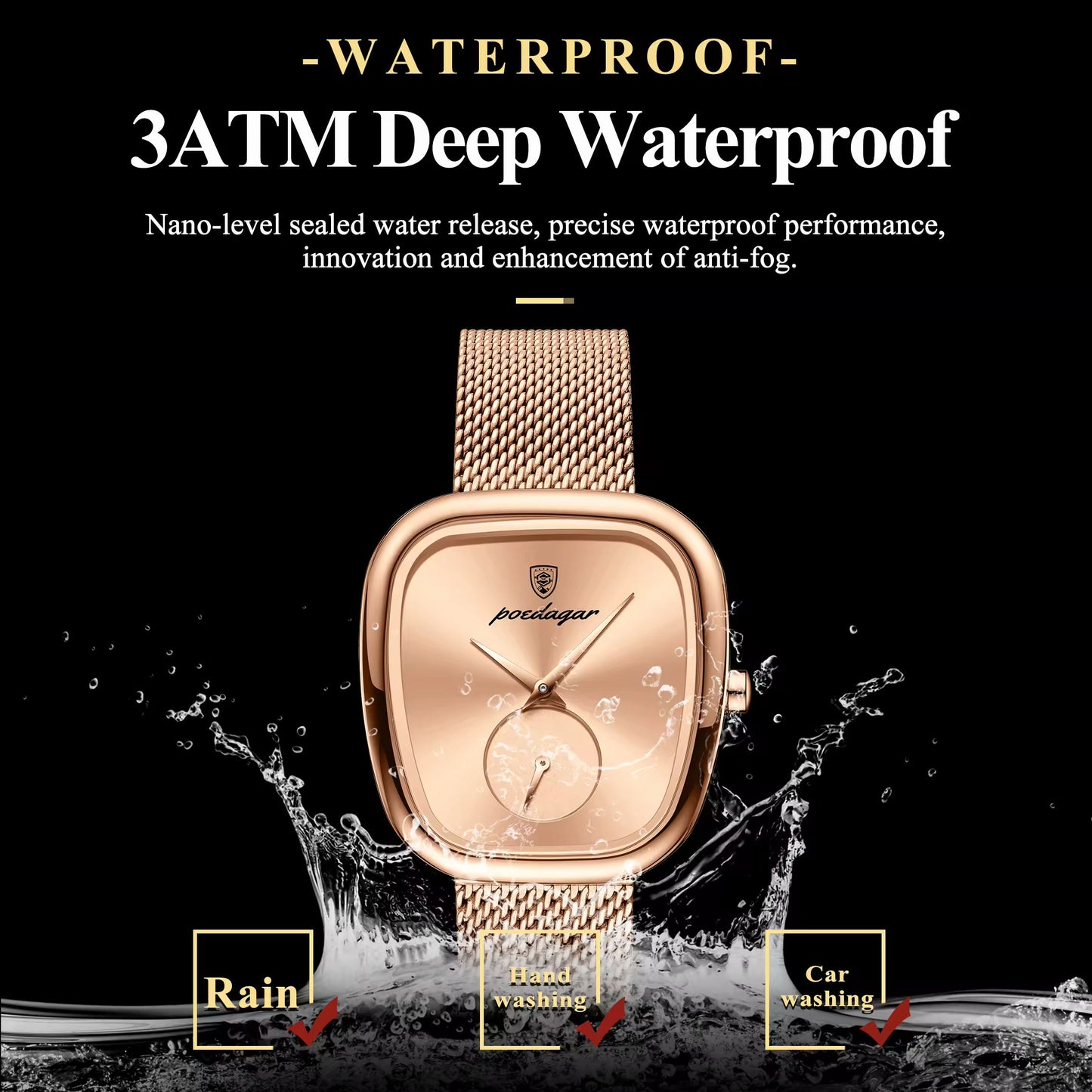 Poedagar Rose Gold Cushion Mesh Watch – Women's Luxury Minimalist Timepiece