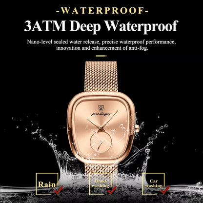 Poedagar Rose Gold Cushion Mesh Watch – Women's Luxury Minimalist Timepiece