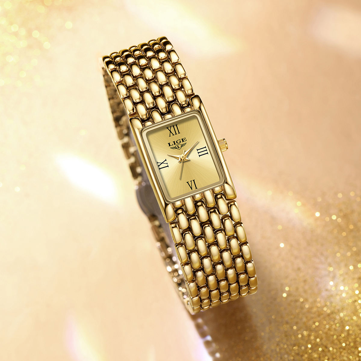 LIGE Royal Gold Rectangle Watch – Women's Luxury Bracelet Timepiece