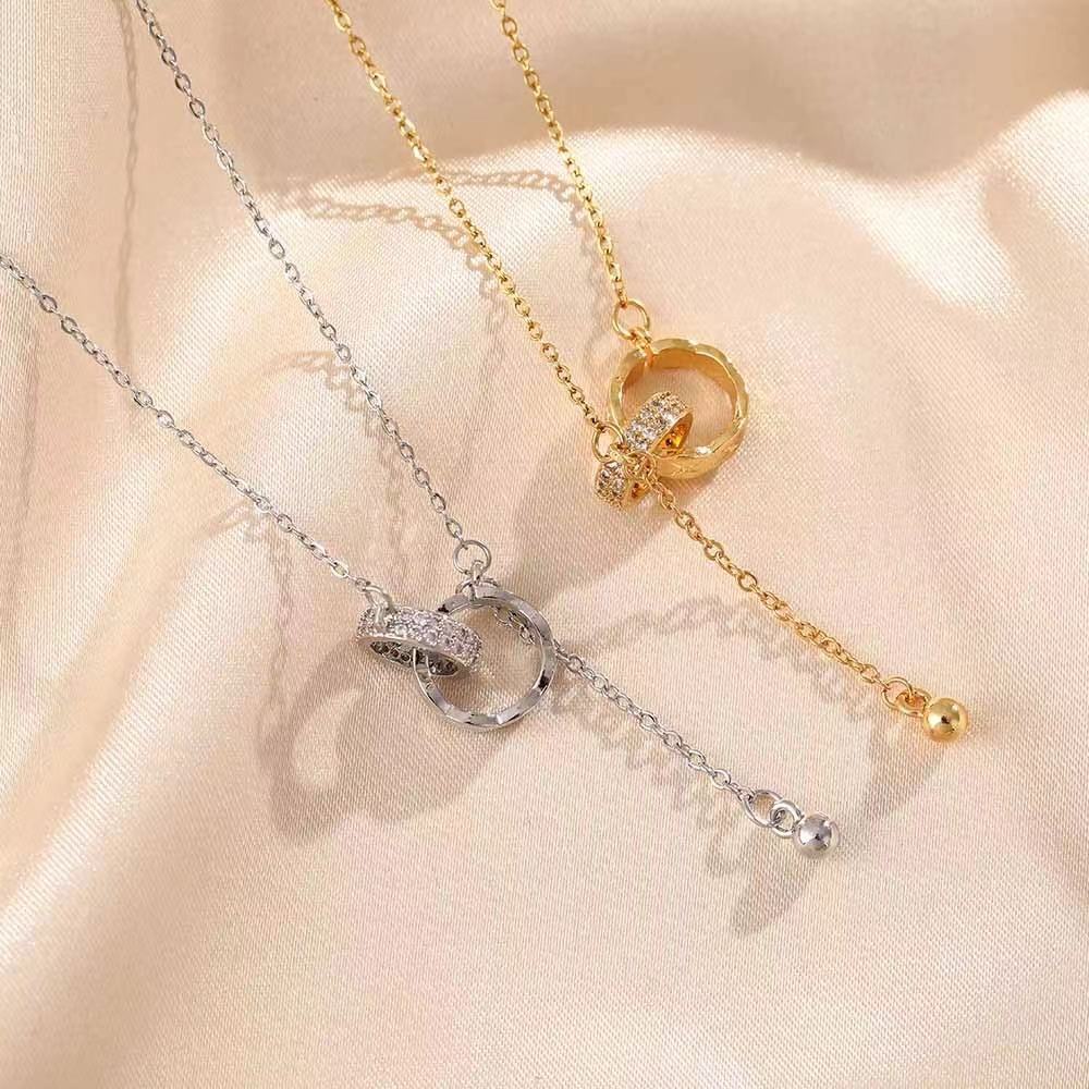 Gold Double Ring Diamond Lariat Necklace – Women's Luxury Pendant