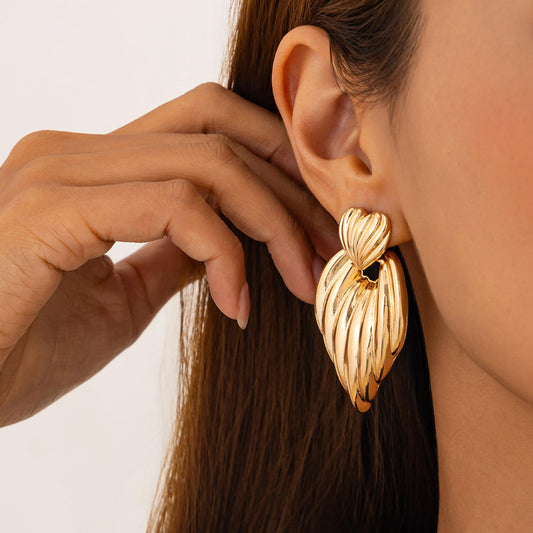 Gold Ribbed Twisted Heart Drop Earrings