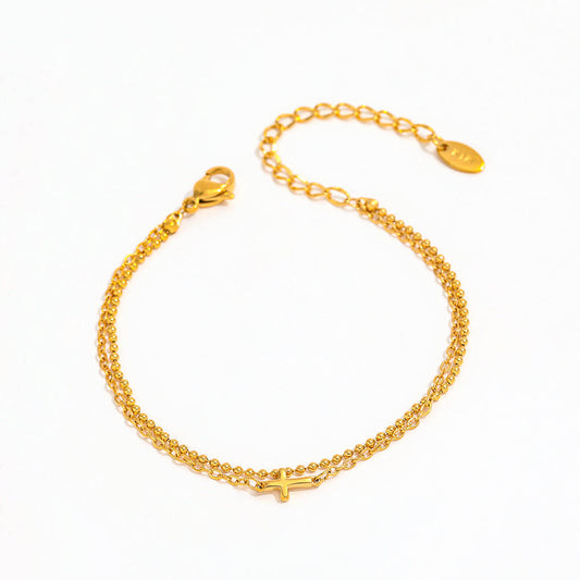 Gold Double Chain Cross Bracelet