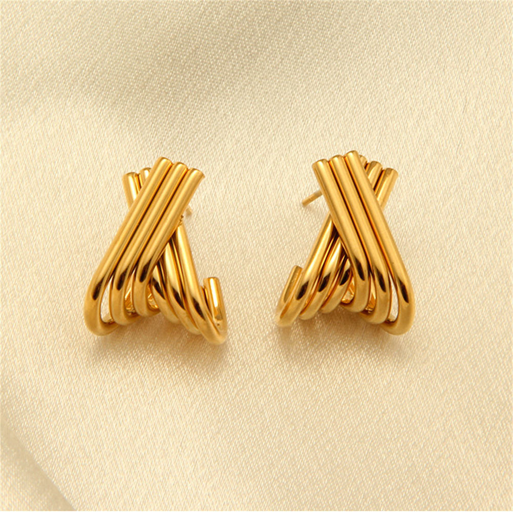 Gold Crossover Ribbed Hoop Earrings