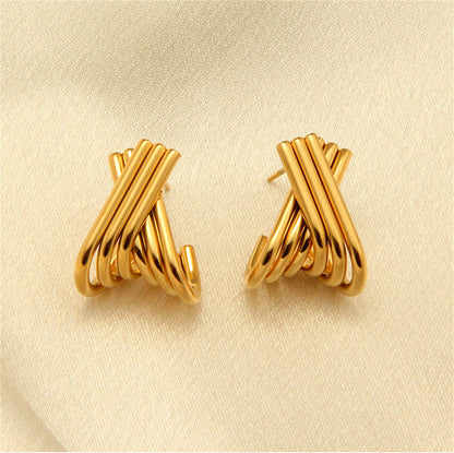 Gold Crossover Ribbed Hoop Earrings