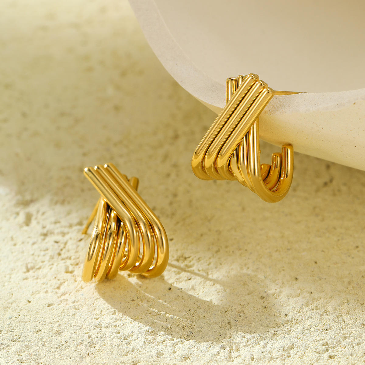 Gold Crossover Ribbed Hoop Earrings