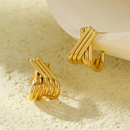 Gold Crossover Ribbed Hoop Earrings