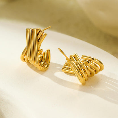 Gold Crossover Ribbed Hoop Earrings