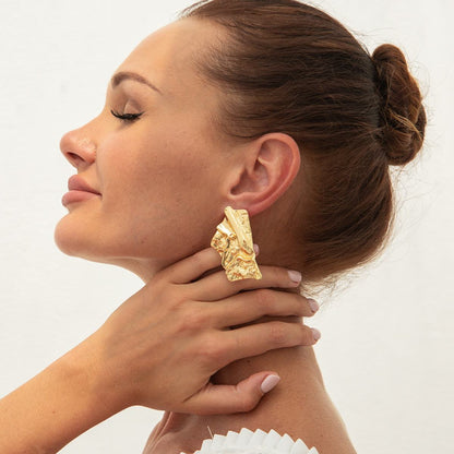 Gold Crumpled Rectangle Statement Earrings