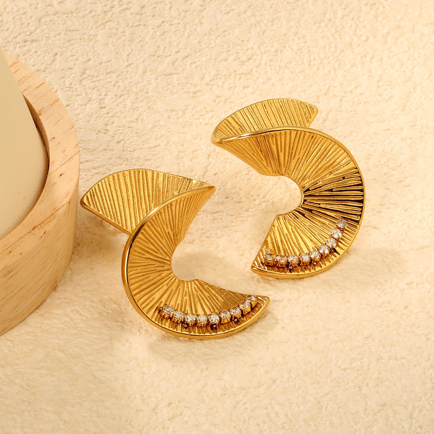 Gold Double Fan Crystal Drop Earrings