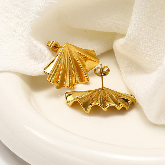 Gold Pleated Fan Shell Statement Earrings