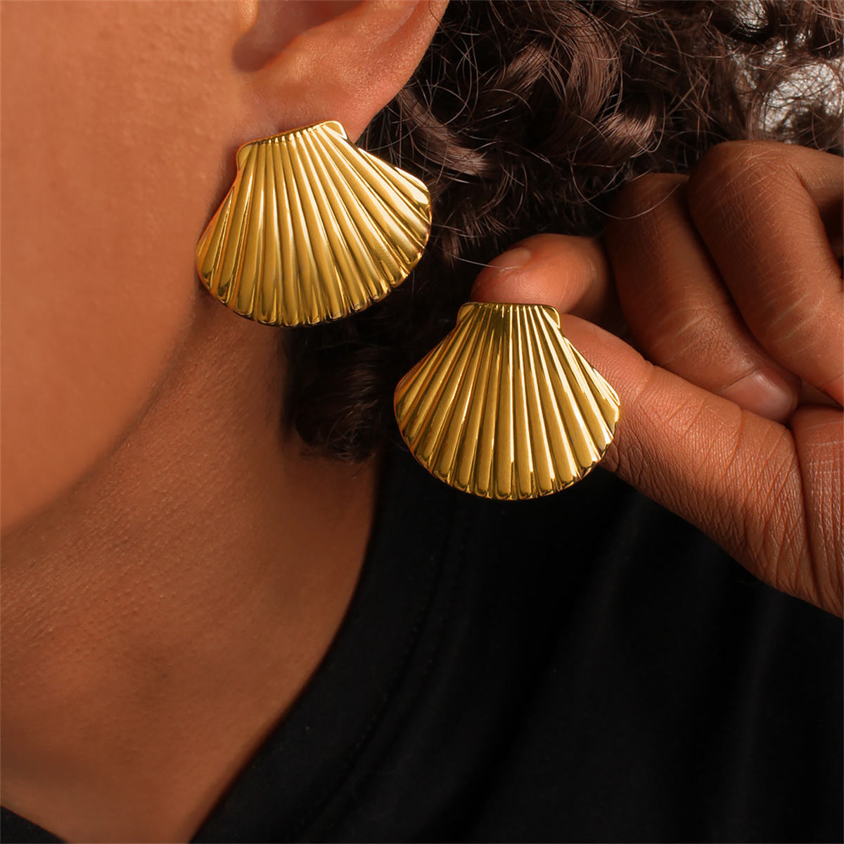 Gold Ribbed Scallop Shell Statement Earrings