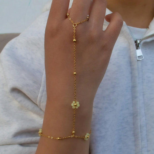Gold Green Daisy Bead Hand Chain Bracelet
